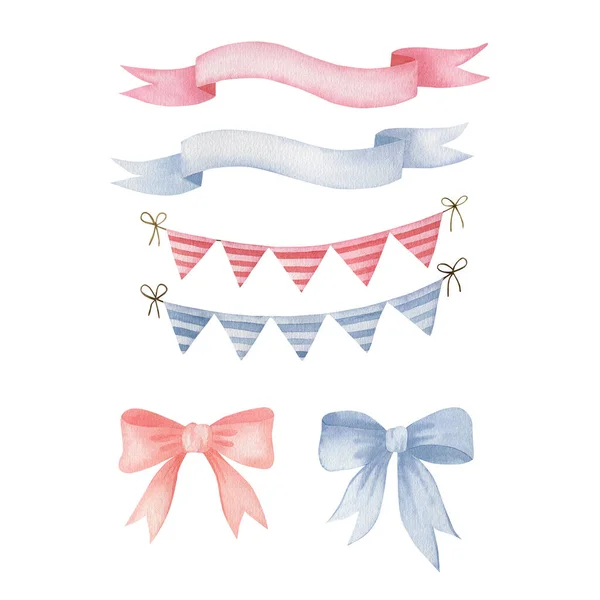 Set Watercolor Illustrations Birthday Decor Ribbons Bows Holiday Flags — Stock Photo, Image