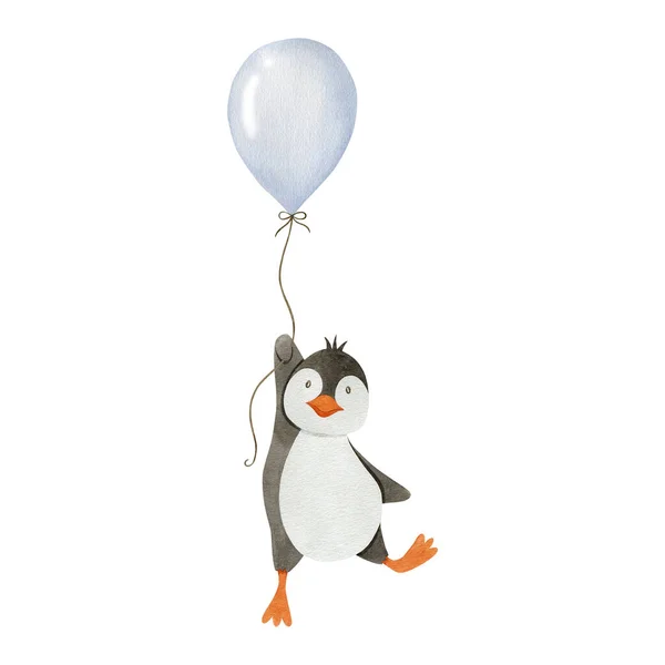 热气球上的企鹅水彩画 白色背景孤立 — 图库照片