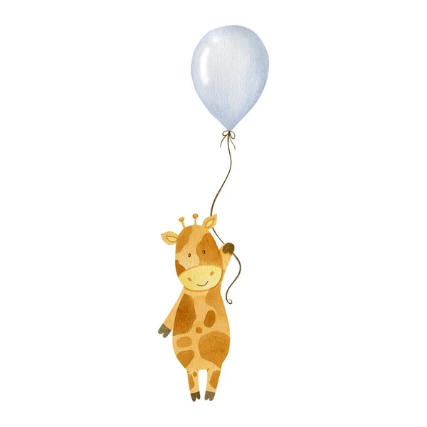 热气球上的长颈鹿水彩画 白色背景孤立 — 图库照片