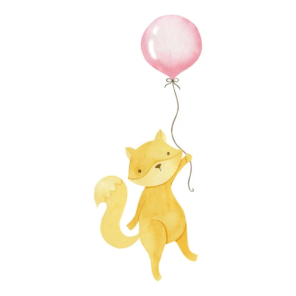 在白色背景上孤立的气球上的狐狸水彩画 — 图库照片