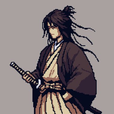 Modern bir pikselle yeniden tasarlanmış geleneksel gezgin bir samurayın pikseli tasviri.