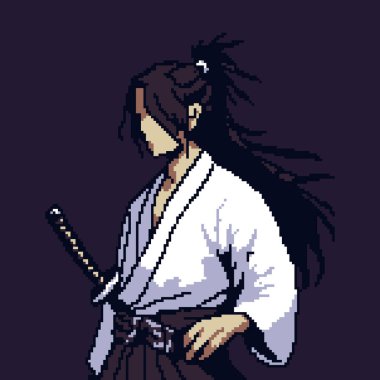 powerful pixel art illustration of a master samurai in a strong, confident stance. The pixelated design emphasizes the samurais discipline and skill, creating a striking and timeless image that resonates with fans of retro gaming and Japanese culture clipart