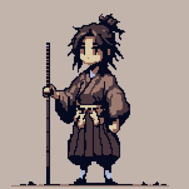 Pikselleştirilmiş Küçük Keşiş Savaşçı Karakteri Piksel Sanat Tarzı Personeli