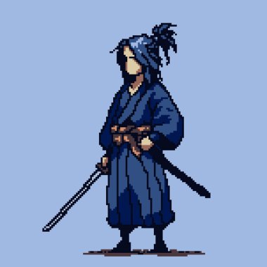 Geleneksel bir silah taşıyan başıboş bir samurayın minimalist pikselci bir sanat tasviri. Basit tasarım, samuray yolculuğunu vurguluyor, temiz çizgiler ve odaklanmış renk paleti karakterlerin sessiz gücünü vurguluyor..