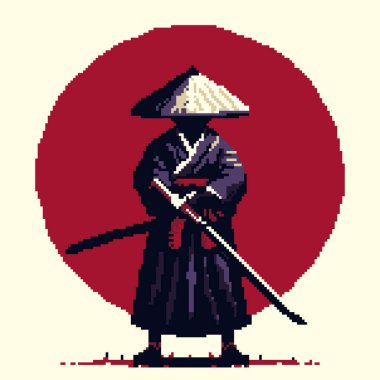 Gezgin bir samurayın yarı silueti, doğan bir güneşin arka planında batıyor. Pikselleştirilmiş tasarım karakterin gizemli atmosferini güçlendirir. Gölgeler ve ışığı harmanlayarak büyüleyici ve gizemli bir atmosfer yaratır..