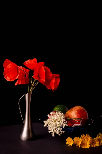 Still Life Black Background Bouquet Wild Red Poppies Flacon Bowl Royalty Free Stock Images
