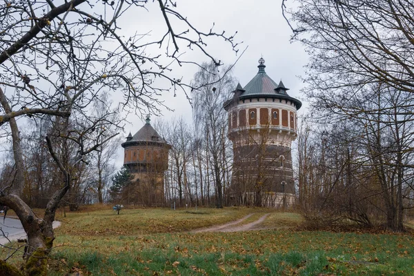 Two Water Towers Winter Evening Latvia — Stock Photo, Image