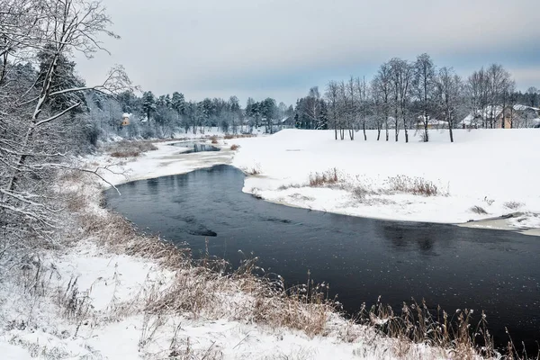 Zima Łotwie Zimowy Krajobraz Zamrażanie Śniegu Rzecznego — Zdjęcie stockowe