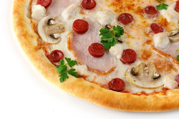 Ein Stück Pizza Auf Weißem Hintergrund Für Die Speisekarte Des — Stockfoto