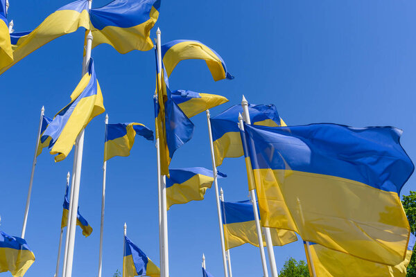 flags of ukraine against the blue sky near the embassy of russia in latvia 4