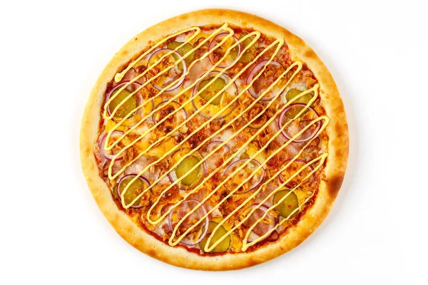 Świeży Apetyczny Pizza Żółtym Sosem Białym Tle Stronie Internetowej Restauracji — Zdjęcie stockowe