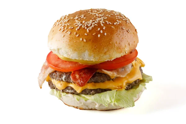 Hamburger Białym Tle Dla Żywności Dostawy Restauracja Menu — Zdjęcie stockowe