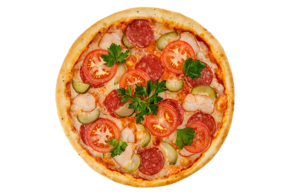 Pizza Szynką Pepperoni Pomidor Ogórek Marynowany Mozzarella Białym Tle Stronie — Zdjęcie stockowe