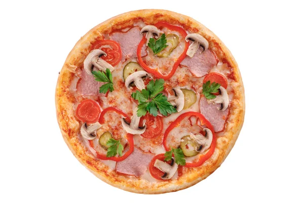 ハムとピザ キノコ トマト モッツァレラピックルホワイトバックグラウンドで食品配送サイトメニュー — ストック写真