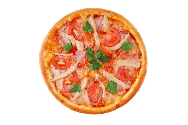 Pizza Mozzarellą Pomidorem Filetem Kurczaka Szynką Białym Tle Stronie Internetowej — Zdjęcie stockowe