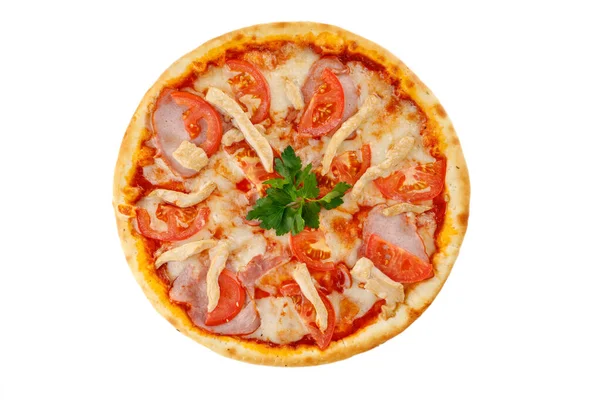 Pizza Mozzarella Roșii File Pui Șuncă Fundal Alb Pentru Livrarea — Fotografie, imagine de stoc