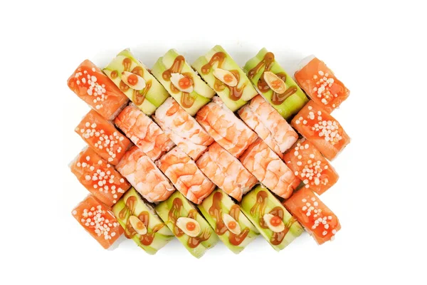 Role Set Salmon Shrimp Avocado White Background Restaurant Menu Studio — Stock Photo, Image