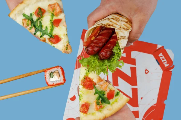 hands hold a slice of pizza, hands hold a roll, hands hold a shawarma 2
