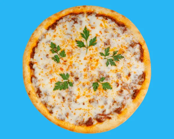 食物派递网站蓝色背景的芝士披萨 — 图库照片