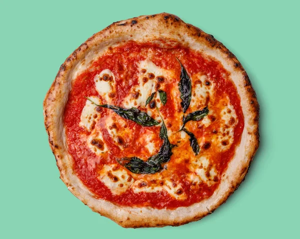 Craft Appetizing Pizza Mozzarella Green Background Studio Shooting — Stock Photo, Image