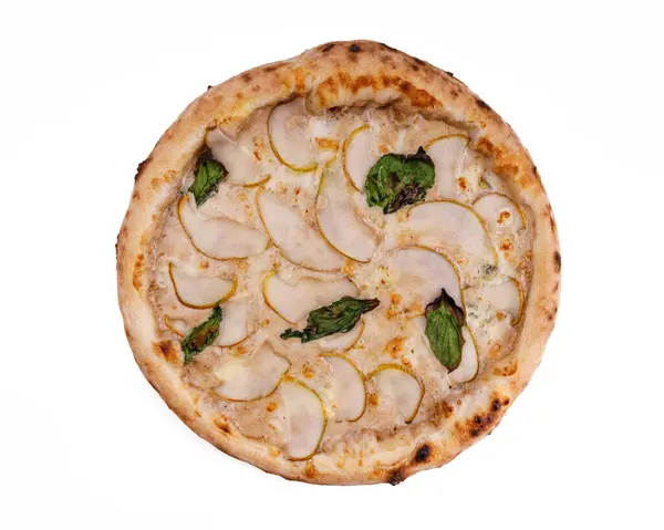 Ambachtelijke Smakelijke Pizza Met Peer Mozzarella Een Witte Achtergrond Studio — Stockfoto