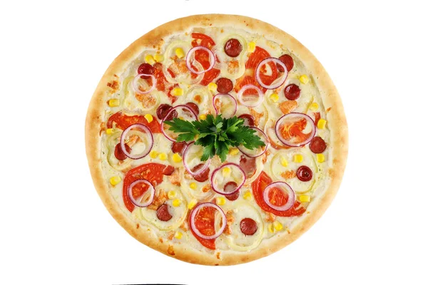 Pizza Con Salchichas Caza Tomates Pimientos Dulces Maíz Sobre Fondo —  Fotos de Stock
