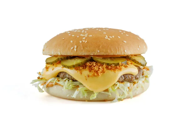 Hamburger Cutlet Cheese Caramelized Onion White Background — Stock Photo, Image