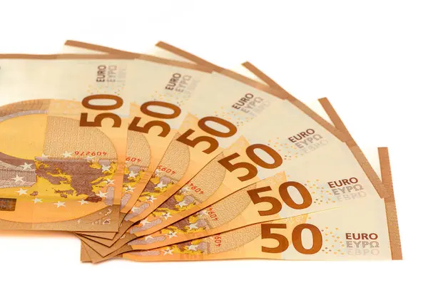 Billetes Euros Desplegados Sobre Fondo Blanco — Foto de Stock