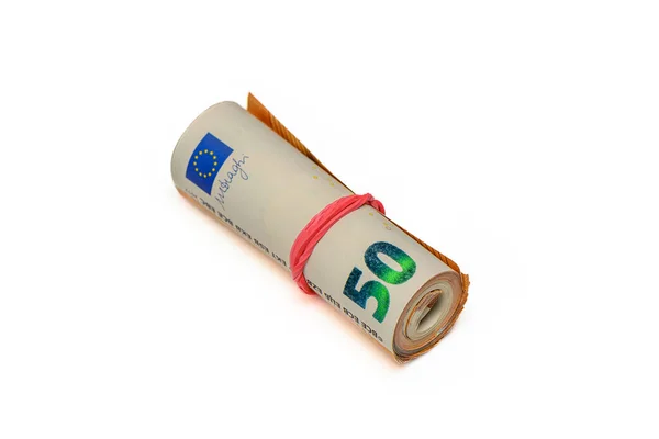 Euros Rolled Tube Euro Bills White Background — Stock Photo, Image