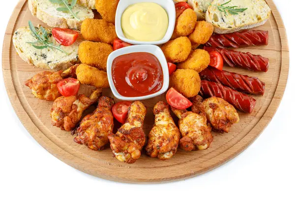 snacks for beer: bruschetta, chicken wings, hunting sausages, chicken nuggets on a white background for a food delivery site 2