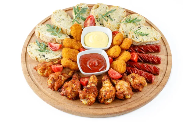 snacks for beer: bruschetta, chicken wings, hunting sausages, chicken nuggets on a white background for a food delivery site 4
