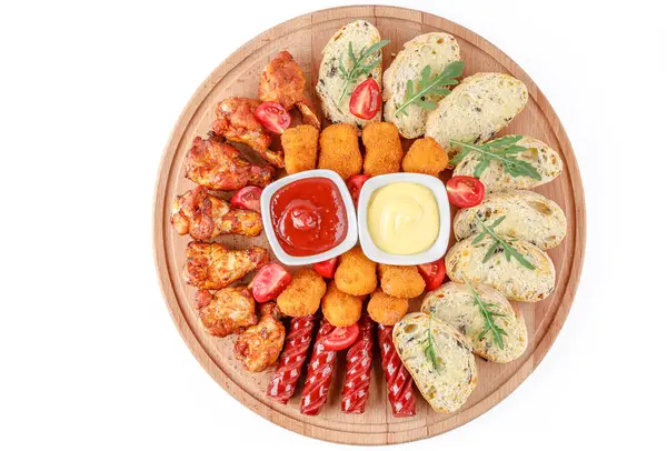 snacks for beer: bruschetta, chicken wings, hunting sausages, chicken nuggets on a white background for a food delivery site 5