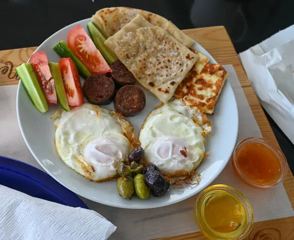 Cypriot breakfast in a cafe by the sea
