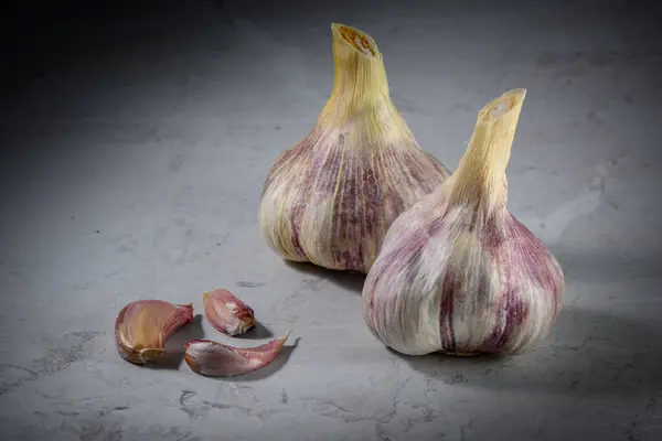 Still life photo of organic whole garlic on a light stone background