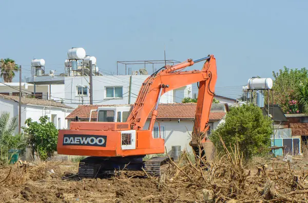 Gazeveren Kıbrıs 03.07.2024 - kazıcı portakal ağaçlarının kökünü kazıyor