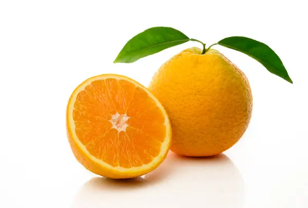 stock image Whole Orange with Leaves on White Background