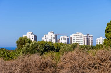 Canlı bir kıyı silueti, parlak mavi gökyüzünün altında kristal berrak deniz parıltısıyla yeşillikler arasında çağdaş mimarinin yükseldiğini gözler önüne seriyor..