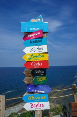 Nestled along the coast, a vibrant signpost offers directions to major cities worldwide, with sparkling waters in the background and a clear sky above, inviting exploration. clipart