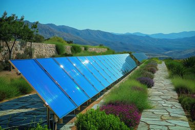 Bright blue solar panels stretch across a serene hillside, showcasing renewable energy in a stunning natural setting. clipart