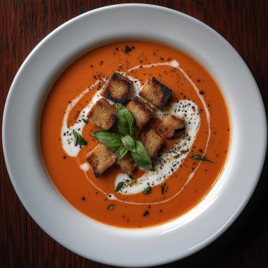 A bowl of creamy tomato soup topped with crunchy croutons and fresh herbs sits invitingly on a rustic table. clipart