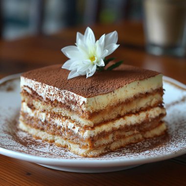 Ağız sulandıran bir tiramisu dilimi, üzerine taze bir çiçek konmuş, kırsal bir tabakta oturur..