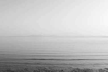 Dalgaların çekildiği sisli bir sahil sahnesi.