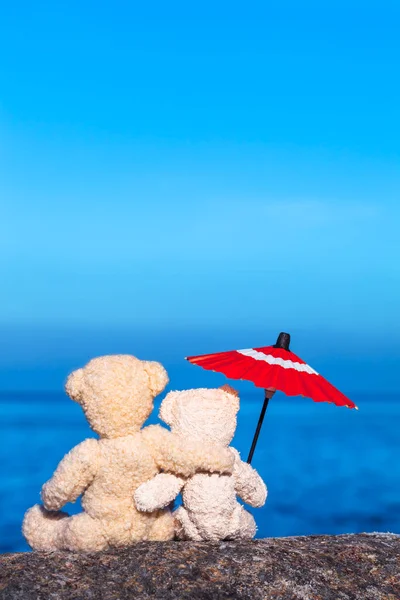Teddybär Freunde Sitzen Arm Arm Mit Altem Sonnenschirm Auf Stein — Stockfoto