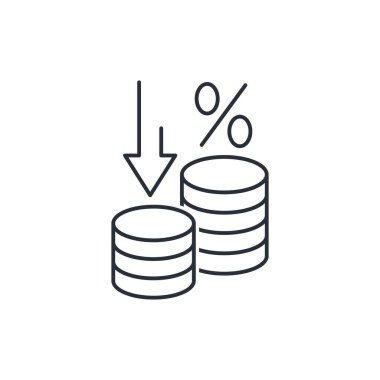 Gelir seviyesinde düşüş. Bir kriz. Finansal çıkarların sembolü. Beyaz arkaplanda izole edilmiş vektör doğrusal simgesi.