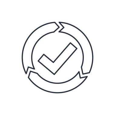 Üç dönen ok ve bir işaret. Kalite garantisi, hizmet. Hızlı, kolay, kullanışlı. Beyaz arkaplanda izole edilmiş vektör doğrusal simgesi. 