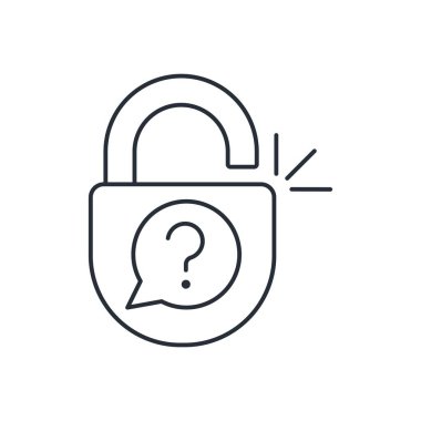 Gizli bir soruyla kilitle. Şifre sorusu. Beyaz arkaplanda izole edilmiş vektör doğrusal simgesi.