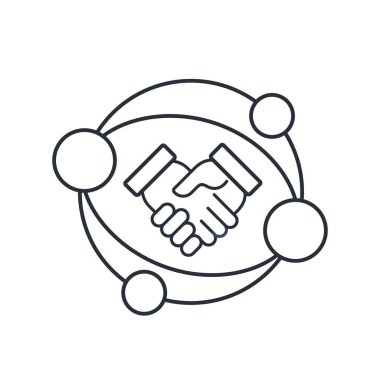 Global internet kaynağı ve ortaklık tokalaşması. Üyelik pazarlaması. Beyaz arkaplanda izole edilmiş vektör doğrusal simgesi.