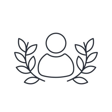 Bir adamın Avatar 'ı ve defne ağacı dalları. Kazandım. Lider. Beyaz arkaplanda vektör doğrusal simgesi.