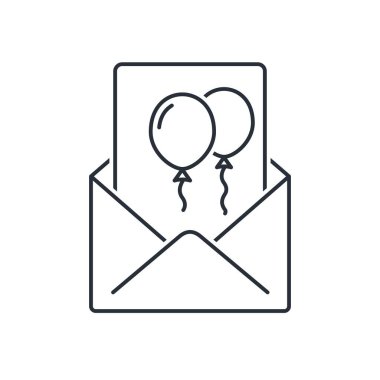 Uçan balonlu bir mesaj. Tebrik mektubu. Beyaz arkaplanda izole edilmiş vektör doğrusal simgesi.