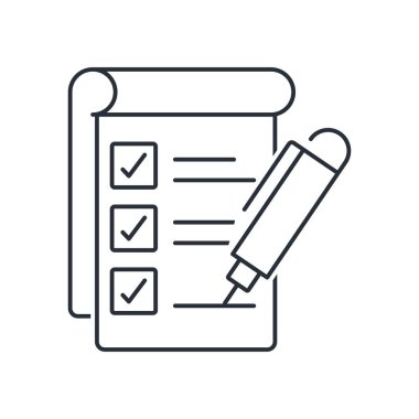 Metin ve kontrol işaretleriyle kalem ve not defteri yazılıyor. Yeni özellikler, fırsat listesi. Beyaz arkaplanda izole edilmiş vektör doğrusal simgesi.